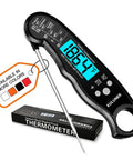 Instant Read Meat Thermometer With Folding Four Point Six Inch Stainless Steel Probe, Waterproof And Backlit Killer Calibration Function