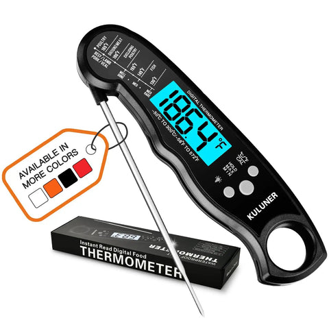 Instant Read Meat Thermometer With Folding Four Point Six Inch Stainless Steel Probe, Waterproof And Backlit Killer Calibration Function