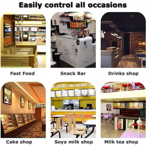 Various food service environments including fast food, snack bar, drinks shop, cake shop, soya milk shop, and milk tea shop.