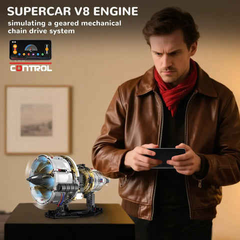 Man interacting with Aircraft Engine Building Kit With App Control Lighted Dope Mini Turbojet Model Featuring 564 Plus Pieces
