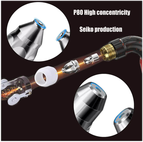 Pro Grade Plasma Cutter Torch Tips And Electrodes Kit For 20-100A Cutting, showing nozzle tips, ceramic and metal parts