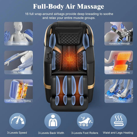 4D Full Body Massage Chair For Next Level Comfort With SL Track Shiatsu Zero Gravity Recliner AI Control Heating Airbags Foot Rollers Bluetooth Speaker LED Light For Home And Office Use 2026 Model emphasizing full-body air massage, airbags, and heating features
