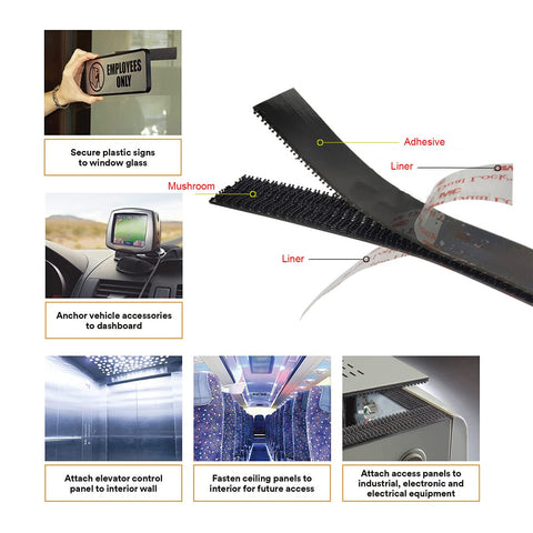 Heavy Duty Dual Lock Tape Pack Of 4, Black 2X4 Inch Adhesive Mounting Strip, shown anchoring vehicle GPS and signs.