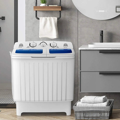 Chill Compact Twin Tub Washing Machine, 12 Lb Washer And 8 Lb Spinner Combo in a modern bathroom setting with dual timer dials.