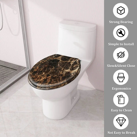 Replacement Round Toilet Seat with Quiet Close for Bathroom in black marble on a toilet, measures 14.5" x 16.5".