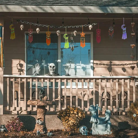 Halloween-themed porch with colorful dream catchers from DIY Dream Catcher Kit For Beginners 24 Piece Colorful Mini Ornament Making Set.