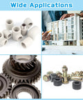 Wide applications collage; model building with white ABS plastic rods, gears, and fittings for DIY projects.