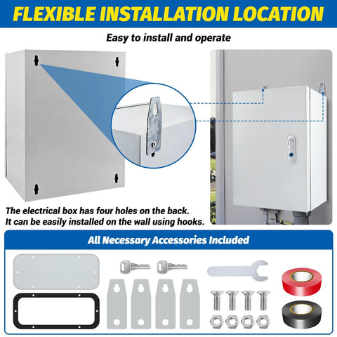 Electrical box front view, 16×12×8 in steel NEMA 4X enclosure; wall-mounted with lock and mounting plate.