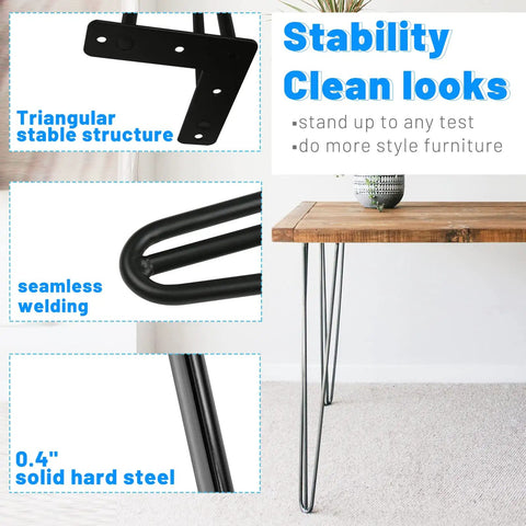 Close-up of 28 Inch Black Hairpin Table Legs Set of 4, Heavy Duty 900 Lb Capacity with seamless welding and rubber floor protectors
