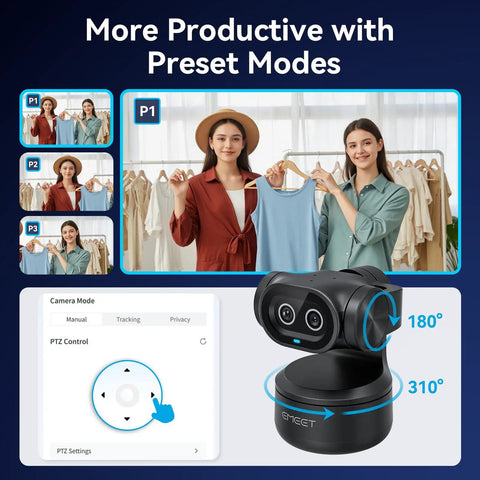 Next Level Dual Camera AI Powered PTZ 4K Webcam with preset modes and adjustable angles for efficient video calls.