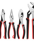 Four Piece Pliers Set with 8 Inch Diagonal Nose Pliers, Long Nose, Slip Joint, and 10 Inch Groove Joint Pliers, carbon steel.