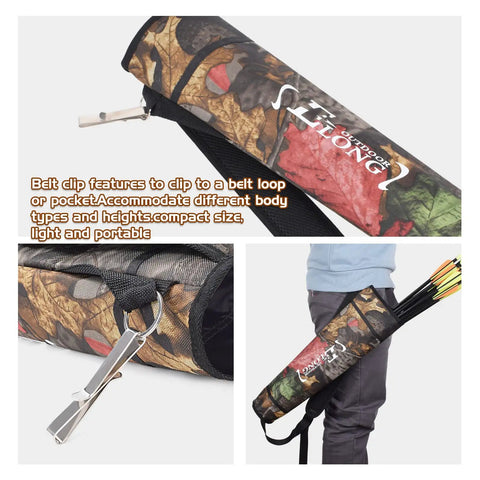 Adjustable Back Archery Quiver Holder For Compound And Recurve Bows with belt clip, padded strap, holding arrows, camo design.