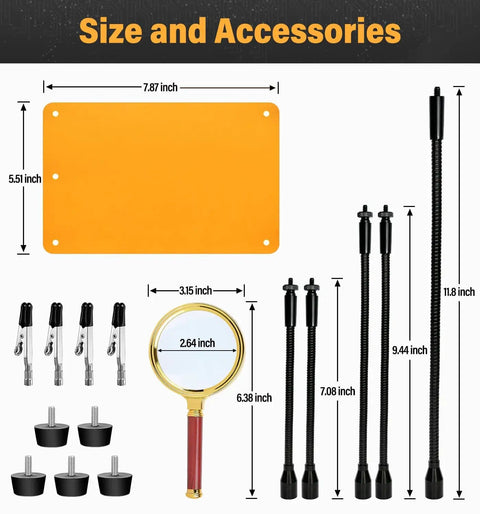 Dimensions and components of the Helping Hands Soldering Station with 5X magnifying glass and 4 flexible arms.