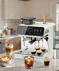 Semi Automatic Espresso Machine With Self Cleaning Conical Burr Grinder And 19 Ground Settings 20 Bar Pressure Built In Milk Frother System Removable Water Tank displayed in kitchen with various coffees.