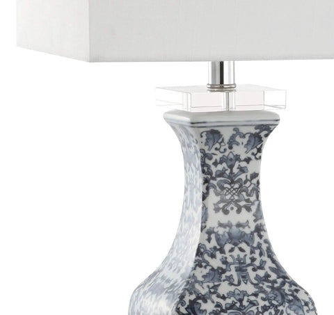 Blue And White Ceramic LED Table Lamp With Chinoiserie Hand Painted Pattern, Crystal Base And White Square Linen Shade, Stands 28 Inches Tall