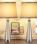 Set of 2 Dimmable Touch Nightstand Lamps With USB C And USB A Charging Ports Gray Lampshade With Nickel Stand