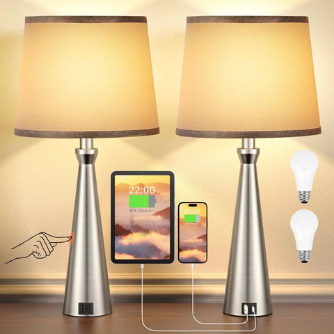 Set of 2 Dimmable Touch Nightstand Lamps With USB C And USB A Charging Ports Gray Lampshade With Nickel Stand