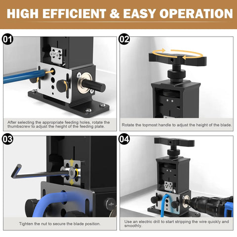 Professional Adjustable Wire Stripper Machine Featuring Zero Hassle Setup And Direct Drill Mount For Super Fast Cable Peeling Along With Interchangeable Plates, showing tool adjustments and operations.