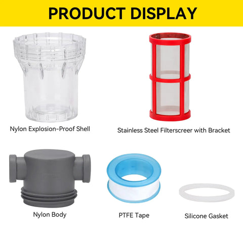 Product display showing Badass Heavy Duty 1/2 Inch Female NPT In Line Strainer components: nylon shell, stainless steel filter, nylon body, PTFE tape, and silicone gasket.