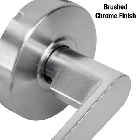 Close-up of heavy duty lever style passage door lock with brushed chrome finish, Grade Two, cylindrical, 2-3/4 inch backset.
