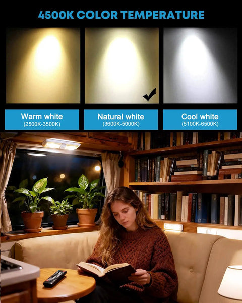 Woman reading under RV Interior LED Ceiling Lights 5 Pack With On Off Switch Double Dome Fixtures 12V Camper Trailer Boat Lighting Natural White 4000 To 4500K 48x5050SMD Energy Efficient 50,000 Hour Life, demonstrating natural white light effect.