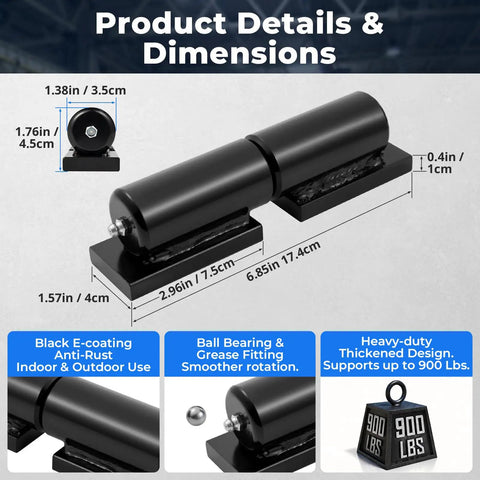 Product dimensions and features for Beefy 7 Inch Weld On Barrel Hinges 4 Pack, Heavy Duty 900 Lbs Weldable Gate Hinges.
