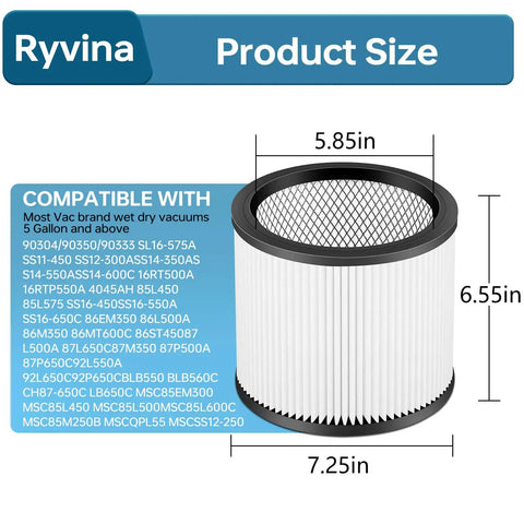 Dimensions and compatibility for Premium Replacement Vacuum Filter For 5 Gallon Wet Dry Vacs Fits 90304 90350 90333 And Similar Models