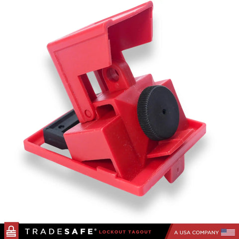 Heavy Duty Clamp-On Circuit Breaker Lockout Device Kit, 3 Pack, 480 and 600 Volt, OSHA Compliant, showing red clamp mechanism