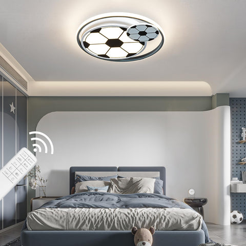 Cool Soccer Ball LED Ceiling Light For Kids Room And Bedroom, Dimmable Flush Mount Fixture With Remote, 17 Inch Lamp in a bedroom