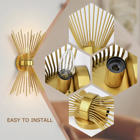 Brass Mid Century Sunburst Wall Sconce Two Light Dope Modern Vanity Lamp Wall Mount For Bathroom Makeup Vanity Bedroom Living Room