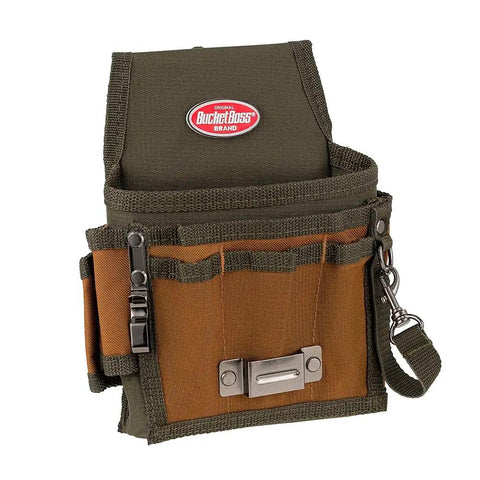 FlapFit Tool Pouch With Flap Nine Pocket Belt Pouch With Eight Tool Loops And Metal Tape Clip Rugged 600D Ripstop Nylon Construction For Pros On The Job Original Series Brown front view