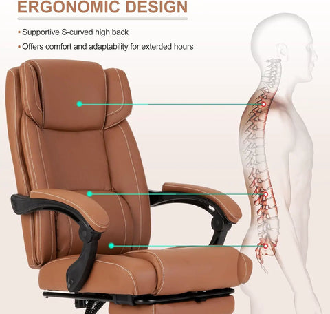 Boss Level Comfort Reclining Office Chair With Footrest For All Day Comfort Ergonomic Leather Desk Chair lumbar support illustration
