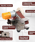 Top Shelf Mini Belt Grinder Sharpening Knife With Powerful Pure Copper Motor And Adjustable Speed Settings From 4000 To 9000 Rmin device features electric motor, abrasive belt, and stainless steel body.