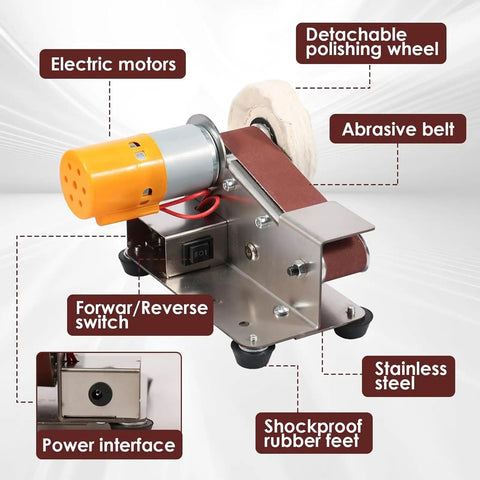 Top Shelf Mini Belt Grinder Sharpening Knife With Powerful Pure Copper Motor And Adjustable Speed Settings From 4000 To 9000 Rmin device features electric motor, abrasive belt, and stainless steel body.