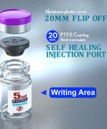 Sterile empty vial with self-healing injection port, 5 ml, 22x35 mm, purple aluminum flip-off cap; exploded view of components