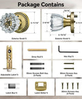 Package contents of 3 Pack Crystal Glass Door Knobs With Privacy Lock In Antique Brass Finish For Vintage Interior Style Heavy Duty Zinc Alloy Plates Diamond Plum Flower Design Ideal For Doors And Cabinets, including knobs, latches, screws, and hex key.