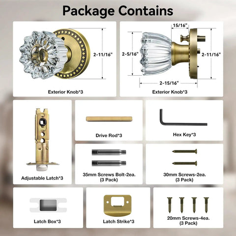 Package contents of 3 Pack Crystal Glass Door Knobs With Privacy Lock In Antique Brass Finish For Vintage Interior Style Heavy Duty Zinc Alloy Plates Diamond Plum Flower Design Ideal For Doors And Cabinets, including knobs, latches, screws, and hex key.