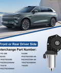Power Window Lift Motor For Ford Mustang Driver Side Left Front Or Rear 1994 To 2004 Convertible And Coupe Direct Fit Replacement With Interchange 742 268 Ensures Smooth Quiet Operation And Easy Installation, shown in package next to car model display with part numbers.
