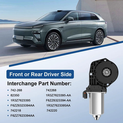 Power Window Lift Motor For Ford Mustang Driver Side Left Front Or Rear 1994 To 2004 Convertible And Coupe Direct Fit Replacement With Interchange 742 268 Ensures Smooth Quiet Operation And Easy Installation, shown in package next to car model display with part numbers.