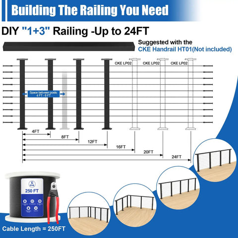Swageless Deck Cable Railing Kit With Four Black Thirty Six Inch Level Drilled Posts With Two Hundred Fifty Feet Of One Eighth Inch T316 Stainless Wire Rope Invisible Cable Railing System For Outdoor Decks And Porches No Handrail Post Kit LPS02 diagram