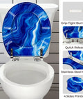 Round Resin Toilet Seat for Bathroom with blue marble design, stainless steel hinges, and grip-tight bumpers.