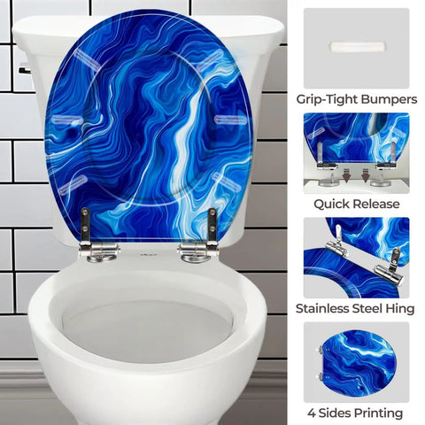 Round Resin Toilet Seat for Bathroom with blue marble design, stainless steel hinges, and grip-tight bumpers.
