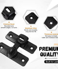 Hassle Free Barn Door Lock And Flip Latch For Sliding Doors Quick Adhesive Mount To Keep The Kiddos Safe Heavy Duty Zinc Alloy Construction Stays Put In Black shown with polished finish and mounting details.