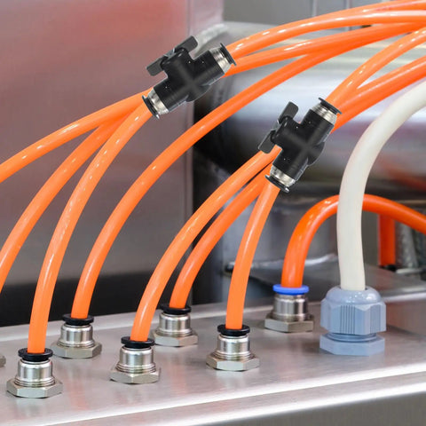 Four Pack 16mm Push To Connect Ball Valve Fittings For Pneumatic Systems with orange air hoses in use