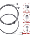 Universal Bike Brake And Derailleur Cable Kit With Shifter Cable Housing For Mountain And Road Bikes Durable PVC And Stainless Steel Cables Two Meter Length Heat Resistant And Rust Proof Black, showing MTB and Road Brake Cables with Gear Shift Cable details.