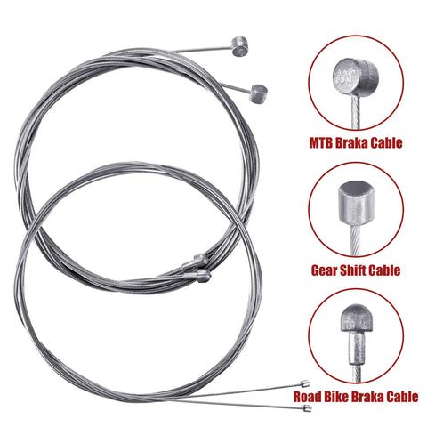 Universal Bike Brake And Derailleur Cable Kit With Shifter Cable Housing For Mountain And Road Bikes Durable PVC And Stainless Steel Cables Two Meter Length Heat Resistant And Rust Proof Black, showing MTB and Road Brake Cables with Gear Shift Cable details.