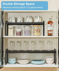 Built Tough Expandable Cabinet Shelf Organizer Set Featuring Adjustable Countertop Storage Rack To Knock Out Clutter And Keep Your Kitchen Stuff Locked In, organizing kitchen jars and dishes.