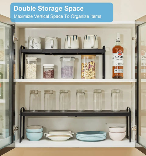 Built Tough Expandable Cabinet Shelf Organizer Set Featuring Adjustable Countertop Storage Rack To Knock Out Clutter And Keep Your Kitchen Stuff Locked In, organizing kitchen jars and dishes.