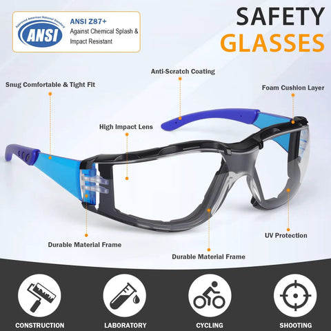 Rock Solid Two Pack Anti Fog Safety Glasses With Thick Foam Lined Gasket Secure Buckle Strap Ansi Certified in focus, showing durable frame and impact lens.