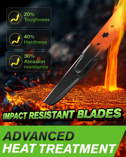 Heat-treated mulching lawn mower blades for 42 inch deck with 6 point star design, showing toughness, hardness, abrasion resistance